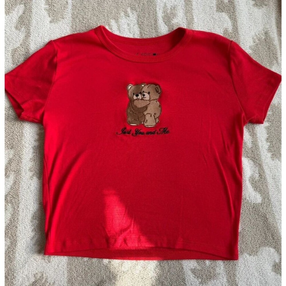 Y2K Social Edition “Just You & Me” Teddy Bear Graphic T-Shirt Red Size M